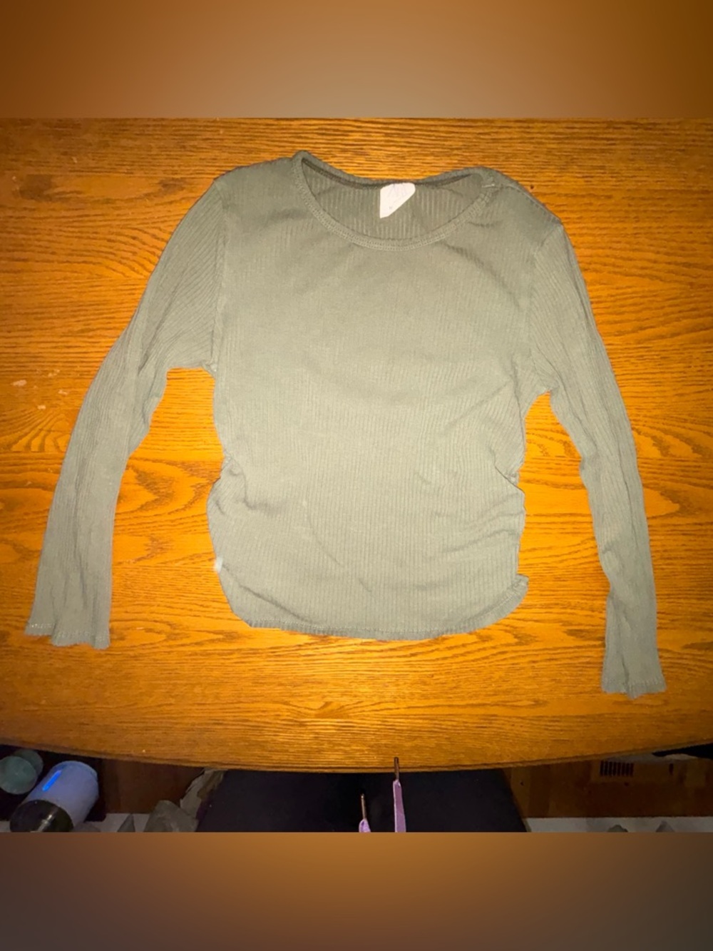 Zara Sage Green Ribbed Long-Sleeve Crewneck Top